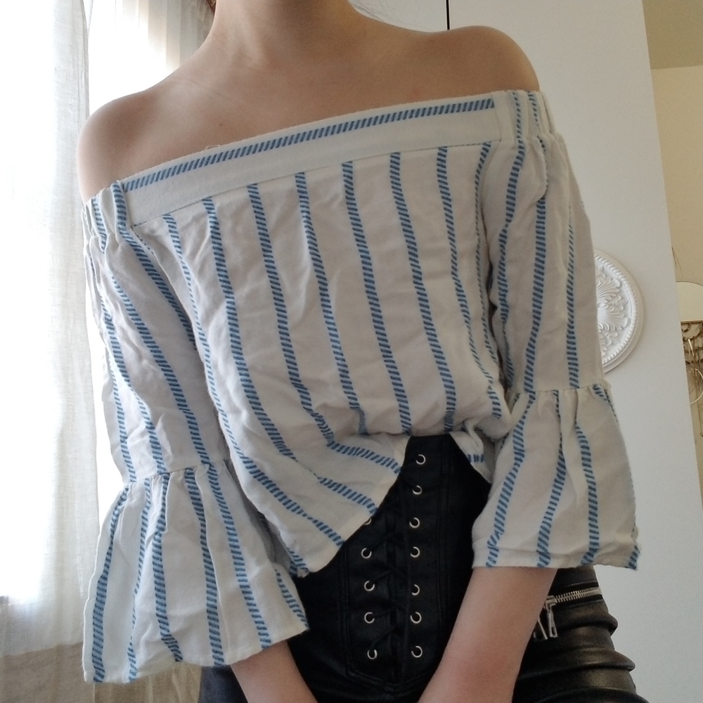 Asos off shoulder blue and white top bell sleeve